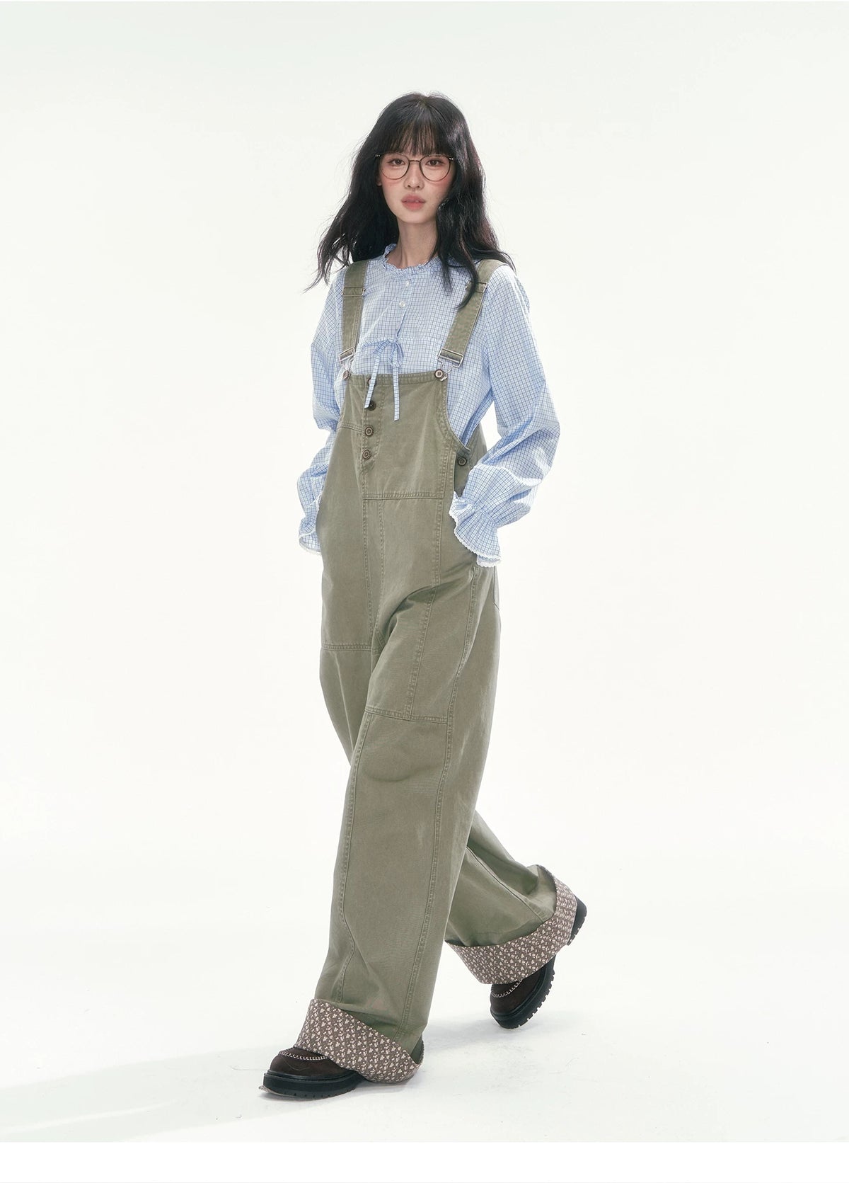 [CAN] Olive Green Floral-Trim Cargo Overalls