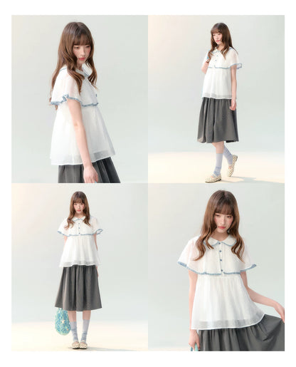 "Cloudside Letter" White Cape Collar Babydoll Blouse LL2026218