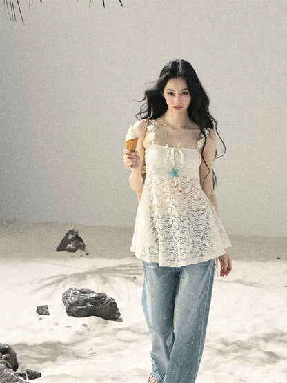 "Morning Mist" Frost White Lace Sheer Cami Top 65123