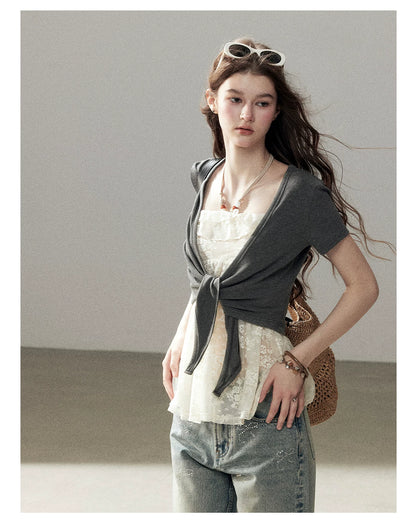 "Beyond the Morning Mist" Dutch Cream Lace Cami & Silver Mouse Gray Sheer Cardigan Set