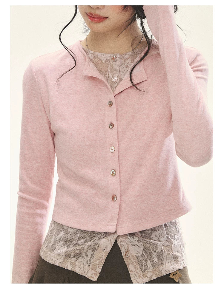 "Layered Blossom" Faux-Layer Knit Cardigan (Sakura Pink/ Heather Gray)