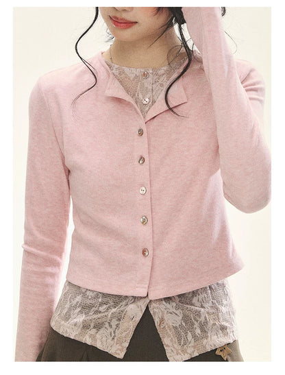 "Layered Blossom" Faux-Layer Knit Cardigan (Sakura Pink/ Heather Gray)