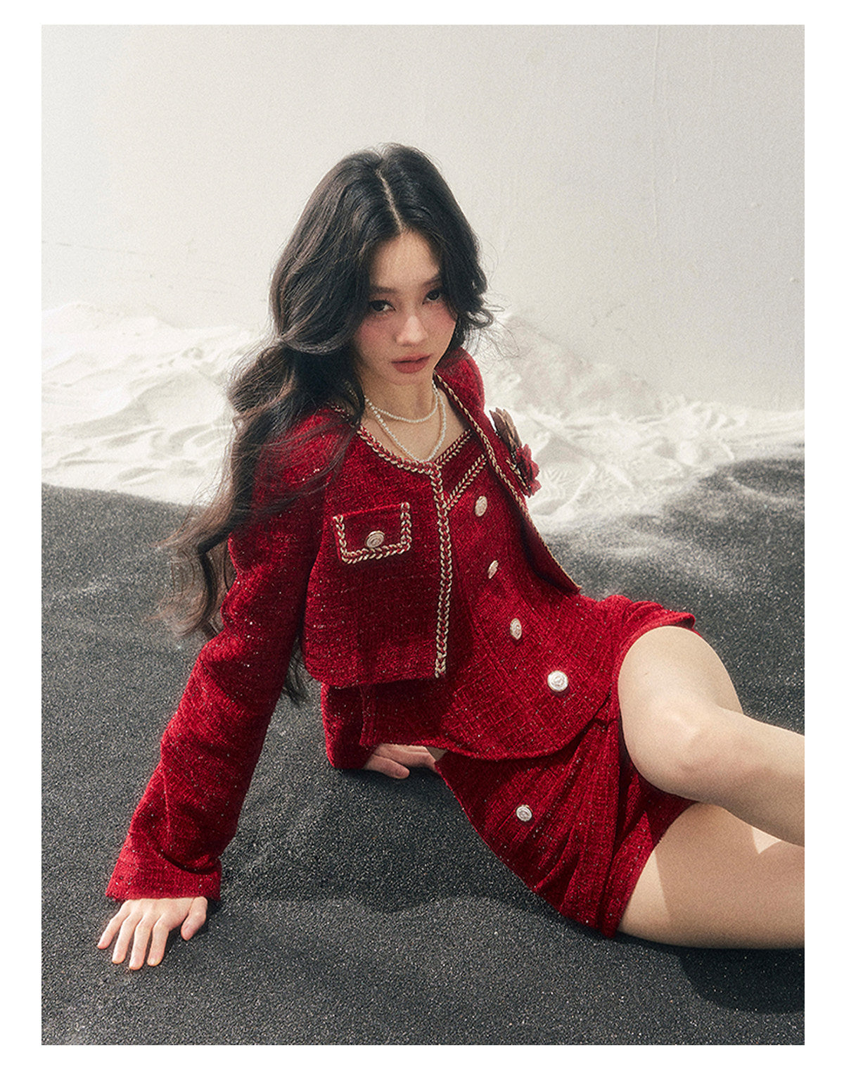 少也眼 "Before the Moon Falls" Bouclé Wool Tweed Three-Piece Mini Set - Cabernet Red