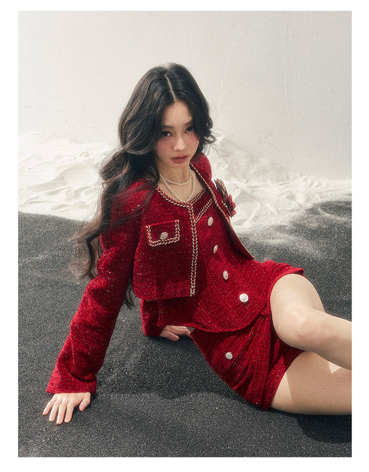 少也眼 "Before the Moon Falls" Bouclé Wool Tweed Three-Piece Mini Set - Cabernet Red