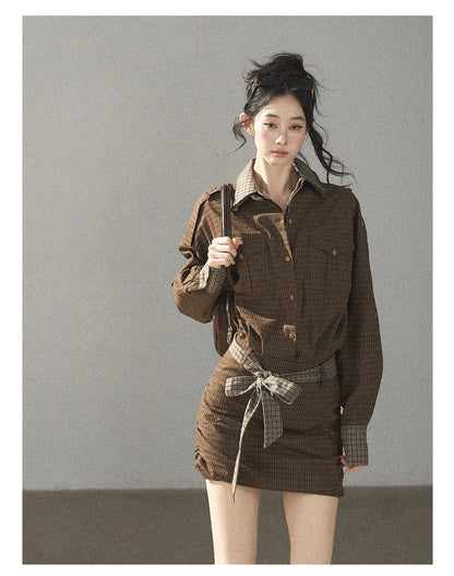 AOMALM - "A Promise Beneath the Oak" Crabapple Brown Plaid Shirt Dress with Belt