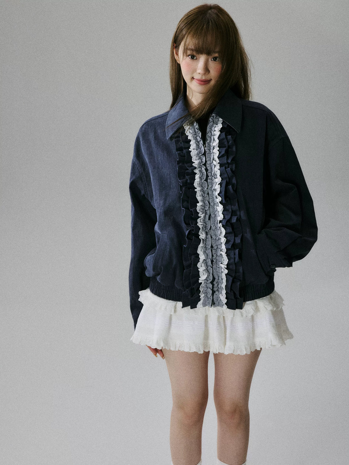 LOST FOREST - Navy Ruffle-Trim Cotton Jacket