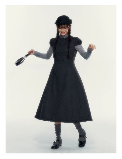 Vintage Double-Breasted Wool Dress & Knit Fringe Cape Set