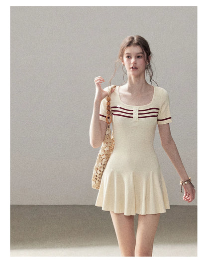 "First Date" Ivory Square Neck Knit Pleated Mini Dress