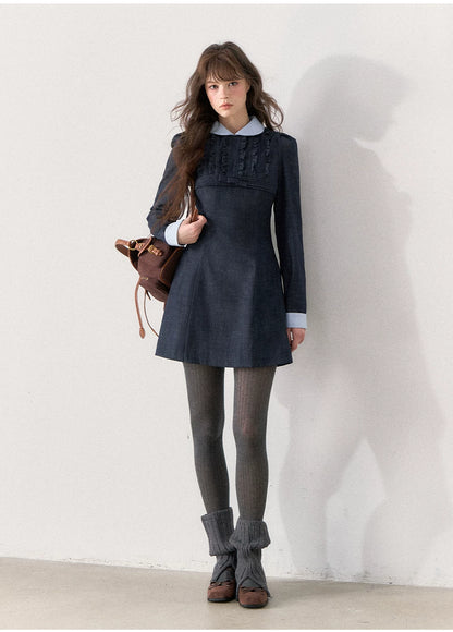 [TMMG] French Vintage Deep Navy Faux Two-Piece Ruffle Dress