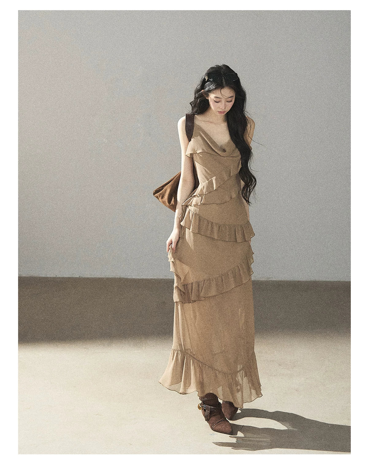 AOMALM - Cinnamon Gray-Brown Ruffle Chiffon Maxi Dress