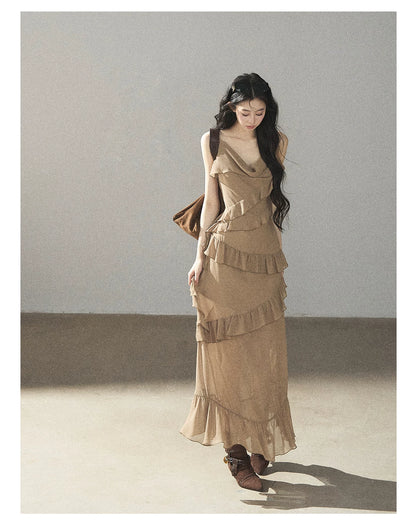 AOMALM - Cinnamon Gray-Brown Ruffle Chiffon Maxi Dress