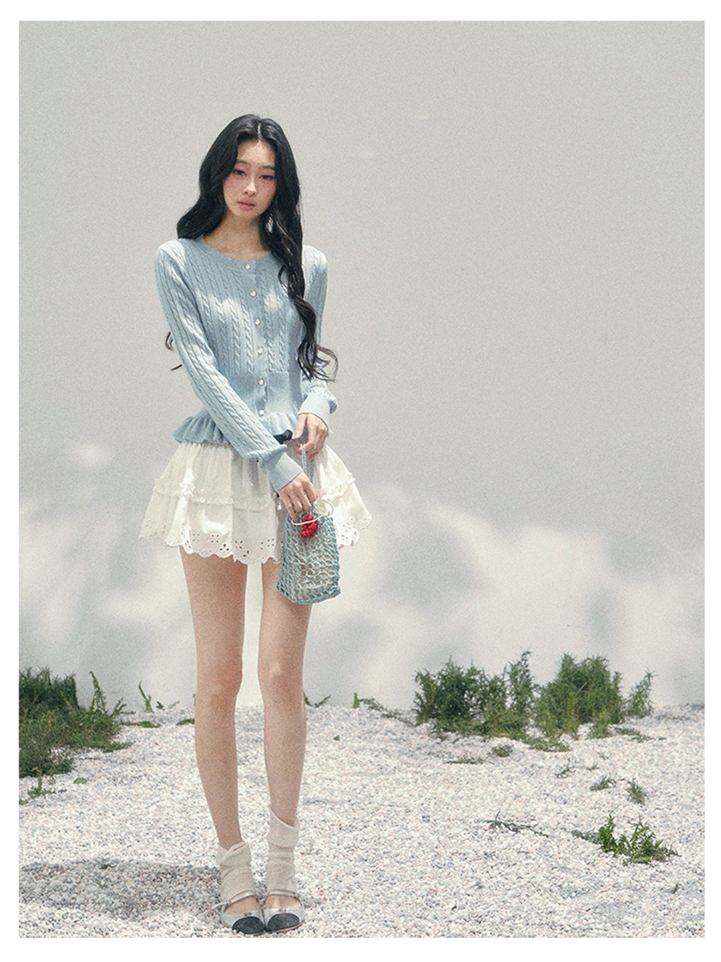 少也眼 “Pearl Whisper” Moonlight Blue Cable-Knit Ruffle-Hem Cropped Cardigan 626586578