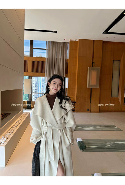 QuQuOuYang - 100% Wool Double-Face Belted Coat with Convertible Collar