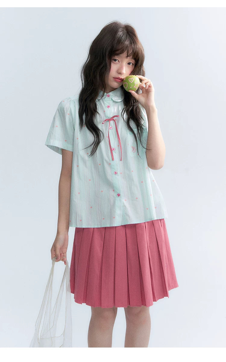 "Summer Sweetheart" Heart Stripe Blouse & Pleated Skirt Set