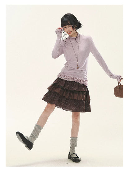 "Caramel Lace Notes" Brown Polka Dot Tiered Lace Midi Skirt