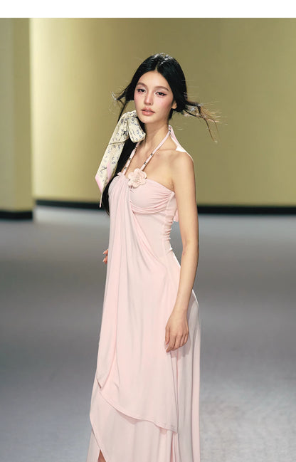 "Moonlit Reverie" Halter Layered Maxi Dress (Black/ Blush Pink)