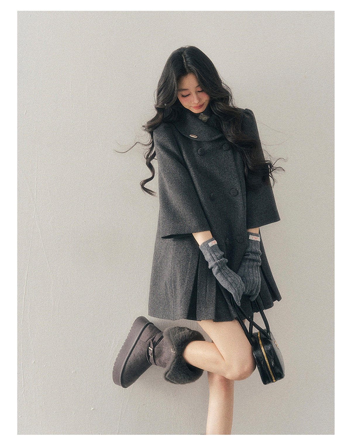 少也眼 "Luxembourg Heiress" Deep Rock Gray Preppy Wool-Blend Mid-Length Coat
