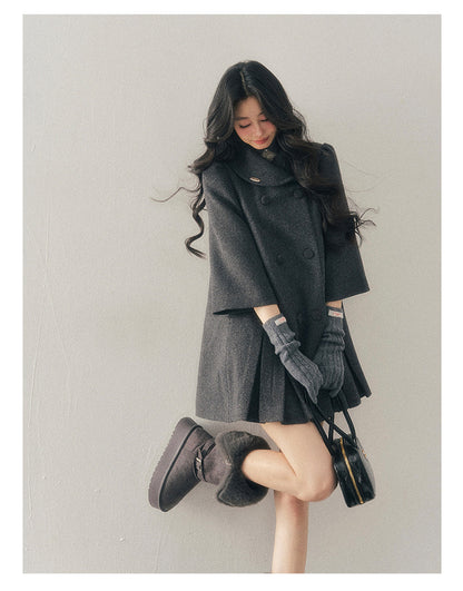 少也眼 "Luxembourg Heiress" Deep Rock Gray Preppy Wool-Blend Mid-Length Coat