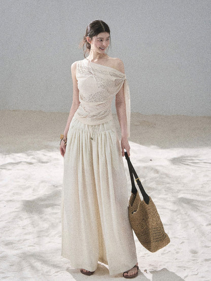 “Frosted Kiss” Milk Tea Tailored Wide-Leg Pants