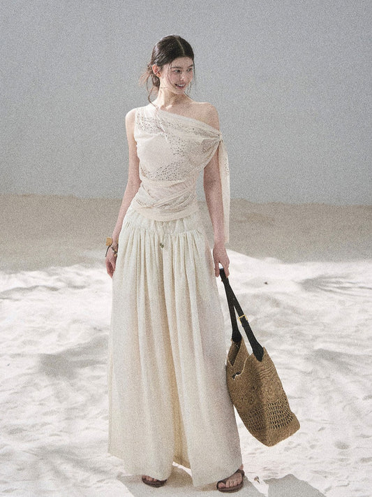 “Frosted Kiss” Milk Tea Tailored Wide-Leg Pants
