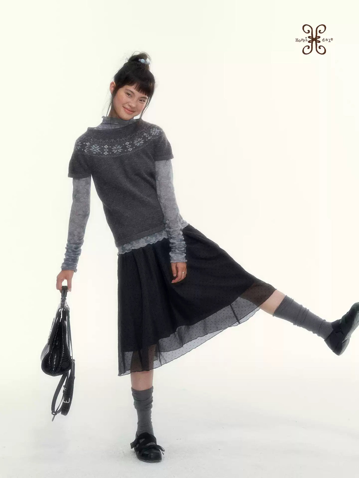 Deep Gray Fair Isle Short-Sleeve Knit Sweater