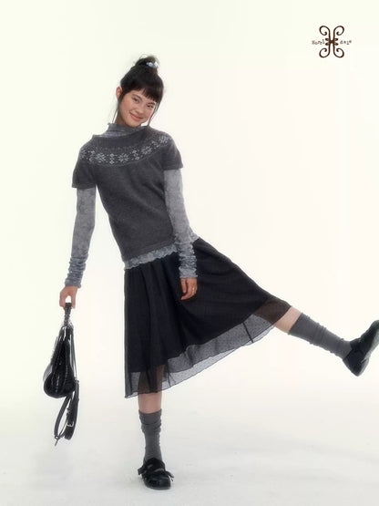 Deep Gray Fair Isle Short-Sleeve Knit Sweater