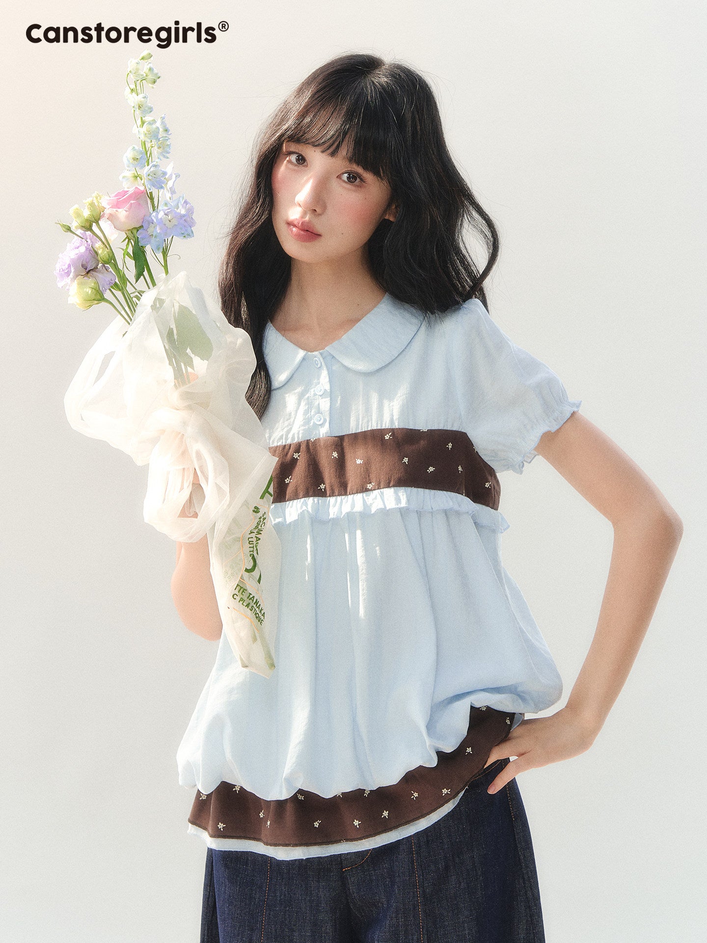 170726C "Soft Cloud Blue" Sky Blue Floral Doll Collar Puff Sleeve T-Shirt