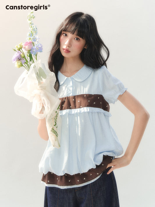 170726C "Soft Cloud Blue" Sky Blue Floral Doll Collar Puff Sleeve T-Shirt