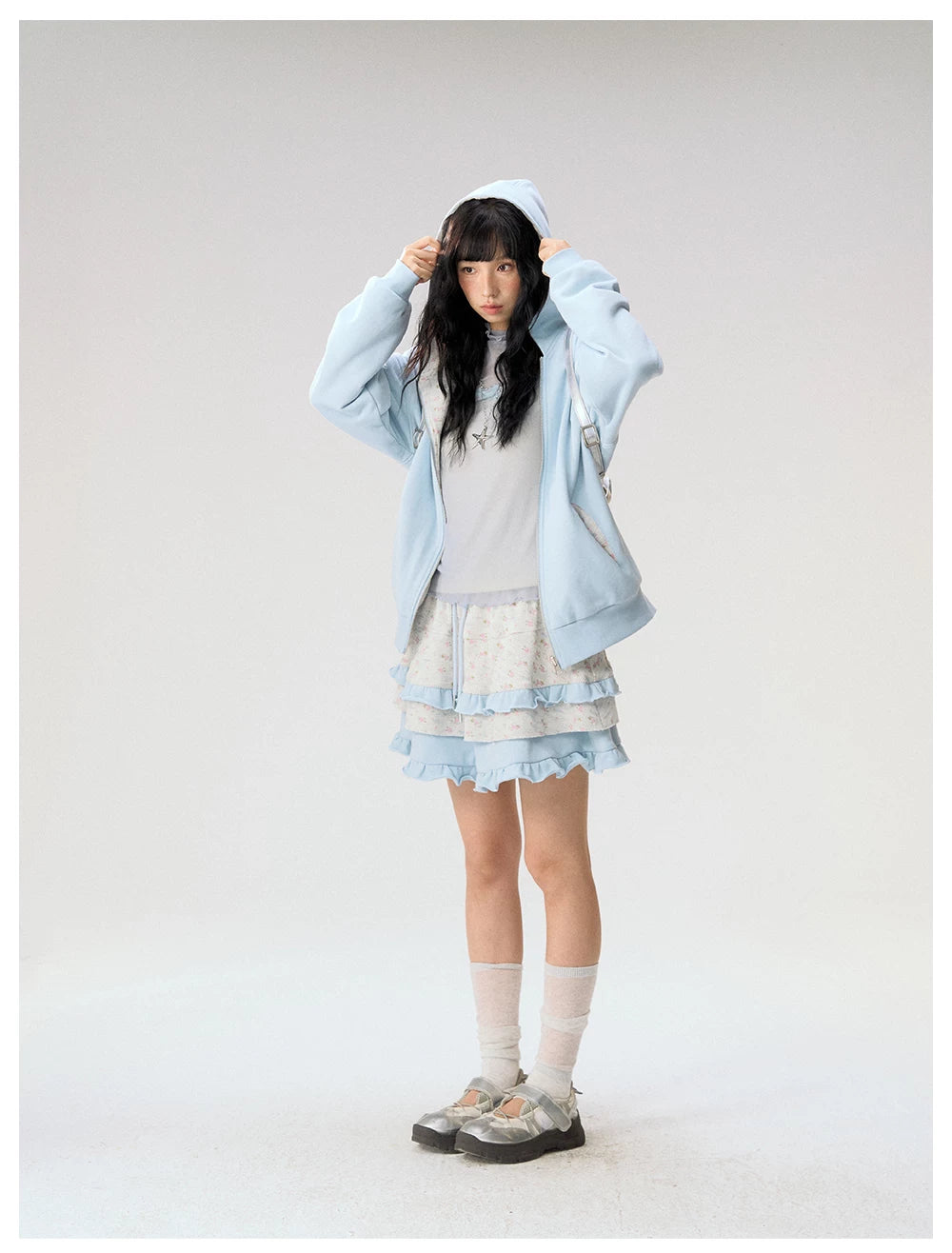 [CAN] "Misty Blue Floral Reverie" Light Blue Floral Set (Reversible Jacket / Sweatpants / Tiered Skirt)