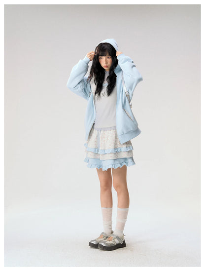 [CAN] "Misty Blue Floral Reverie" Light Blue Floral Set (Reversible Jacket / Sweatpants / Tiered Skirt)