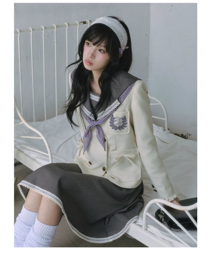 "Showa Era" Layered Uniform Collection (Collarless Blazer / Sailor Blouse / Uniform Skirt / Polka Dot Scarf)