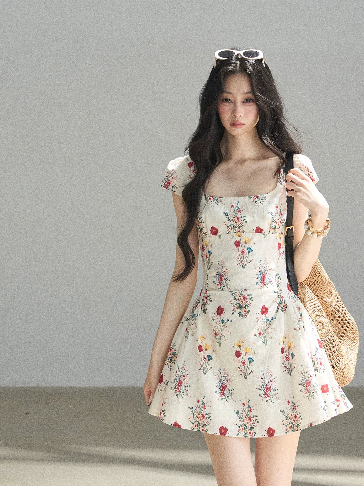 "Bloom Before Dawn" Dutch Cream Embroidered Floral Chiffon Mini Dress
