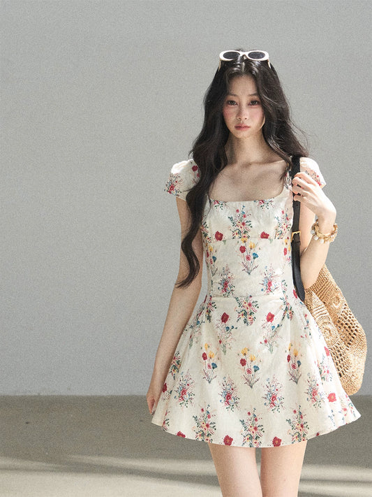"Bloom Before Dawn" Dutch Cream Embroidered Floral Chiffon Mini Dress