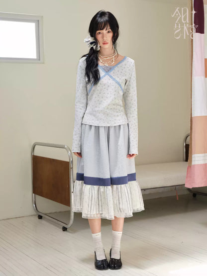 DAILY ARTIST - Light Gray Floral Lace Cross-Front Long-Sleeve Top