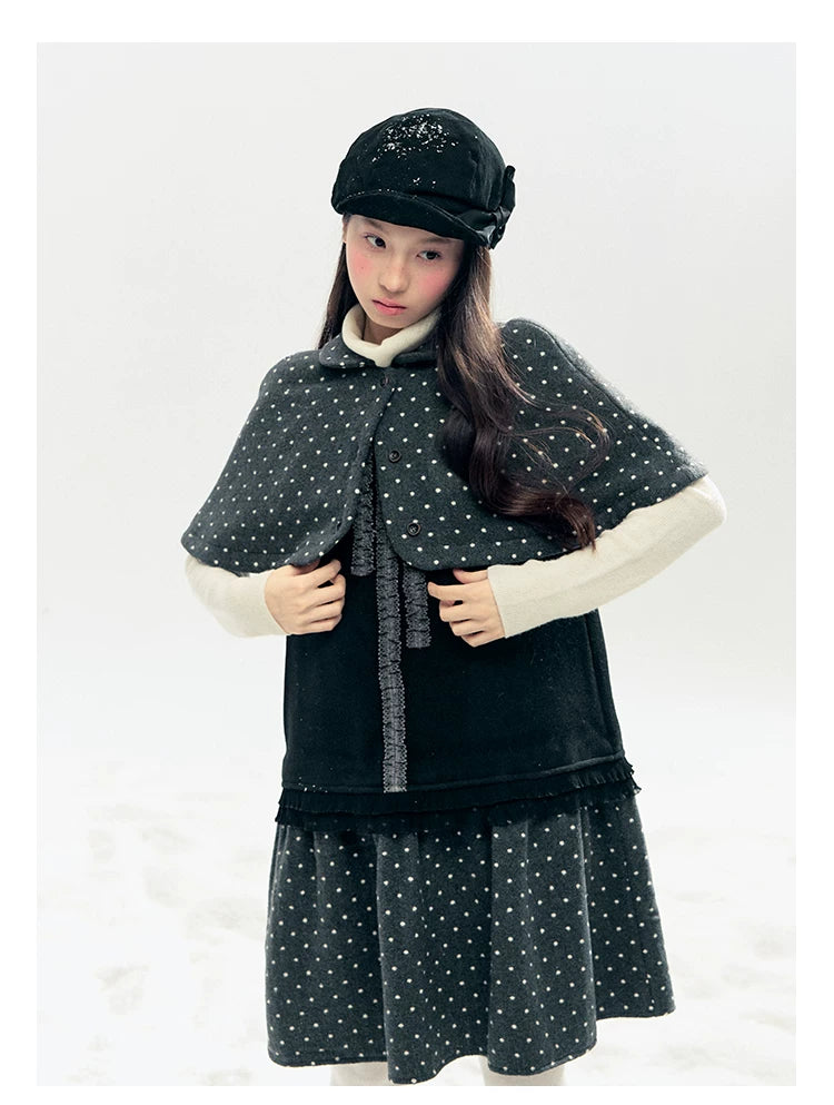 "Berlin Winter Chronicle" Black Polka Dot Capelet & Pinafore Dress Set