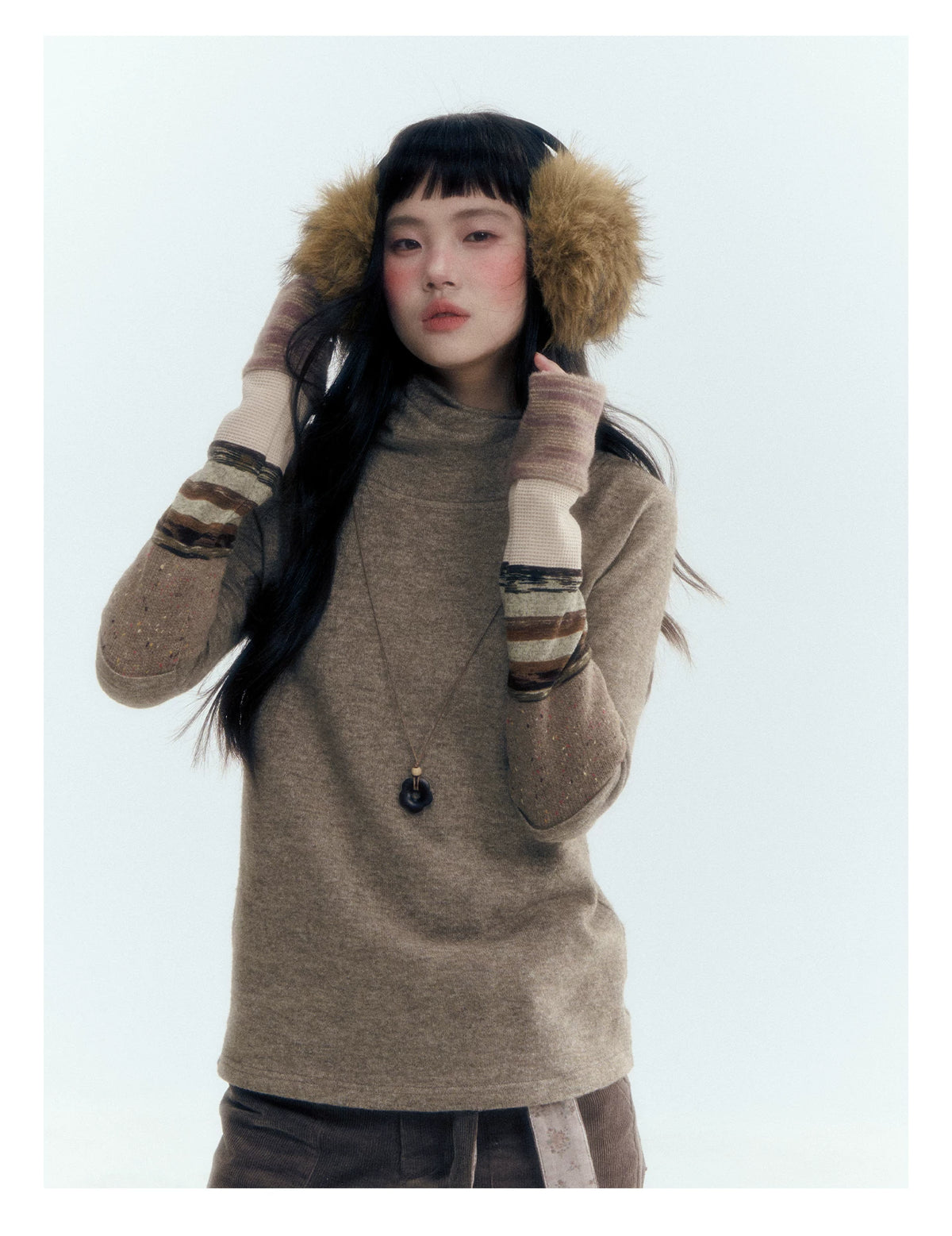 Horridale - Light Brown Colorblock High Cowl Neck Long Sleeve Top