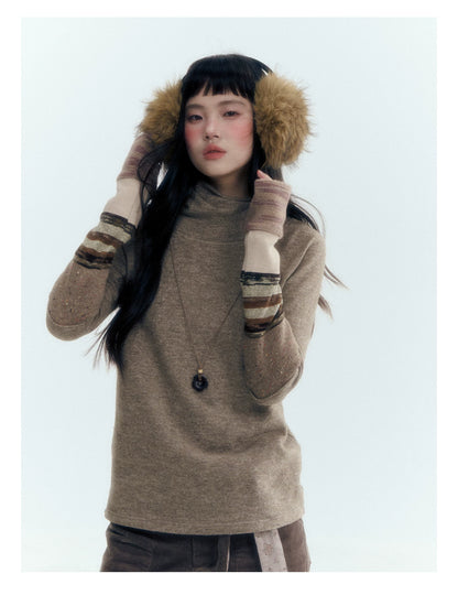Horridale - Light Brown Colorblock High Cowl Neck Long Sleeve Top