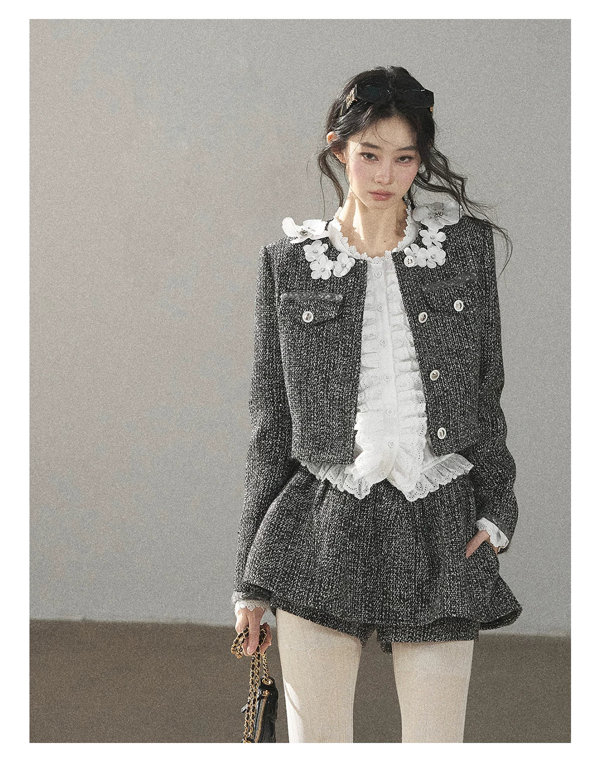 AOMALM - Black & Pearl White Tweed Jacket, Lace Blouse & Mini Skirt Set