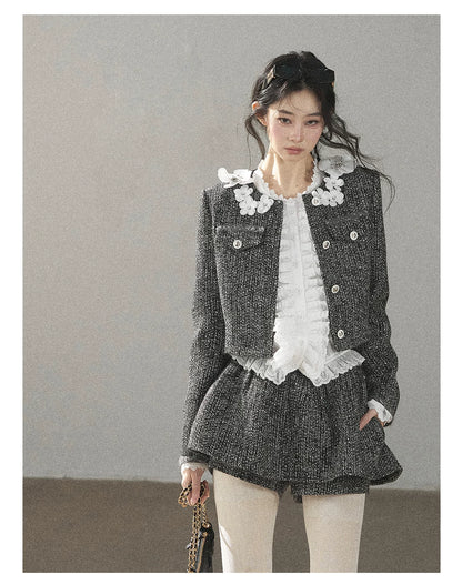 AOMALM - Black & Pearl White Tweed Jacket, Lace Blouse & Mini Skirt Set