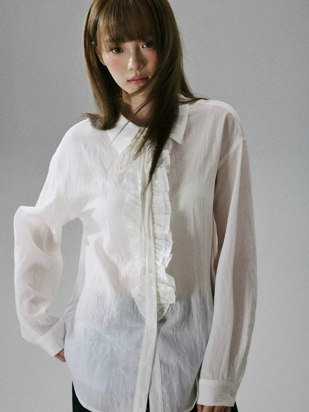 LOST FOREST - Ivory Asymmetrical Lyocell Tie-Strap Blouse with Ruffle Trim