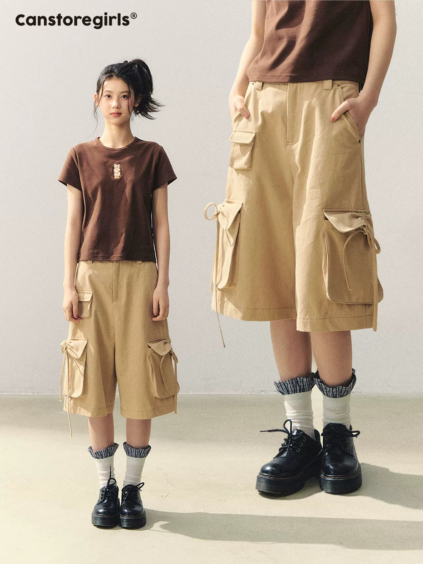 "Sand Messenger Mood" Khaki Bow Drawstring Cropped Cargo Pants WW2026042