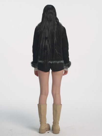 Muirgen - Black Retro Y2K Corduroy Faux Fur Cropped Jacket