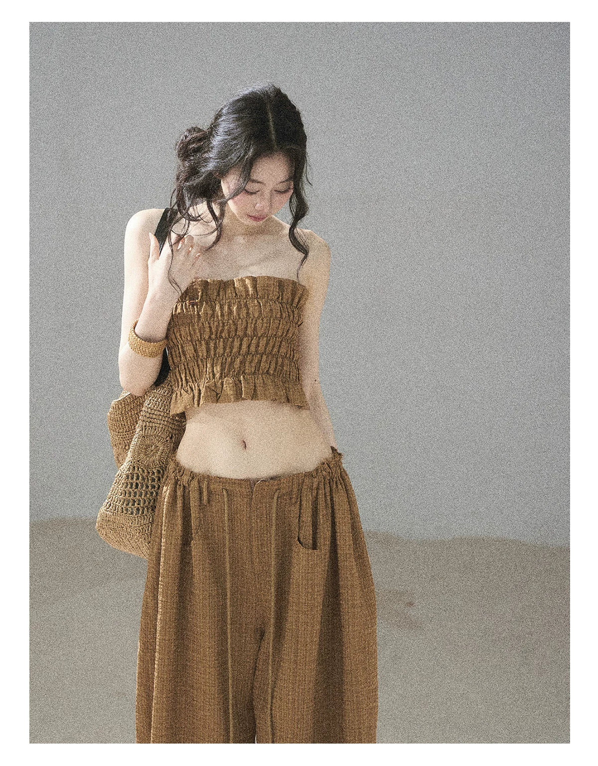 "Caramel Dusk" Ash Caramel Shirred Bandeau Top & Relaxed Pants Set