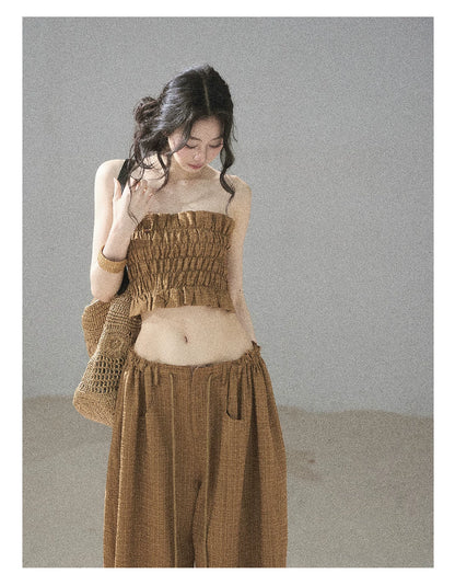 "Caramel Dusk" Ash Caramel Shirred Bandeau Top & Relaxed Pants Set