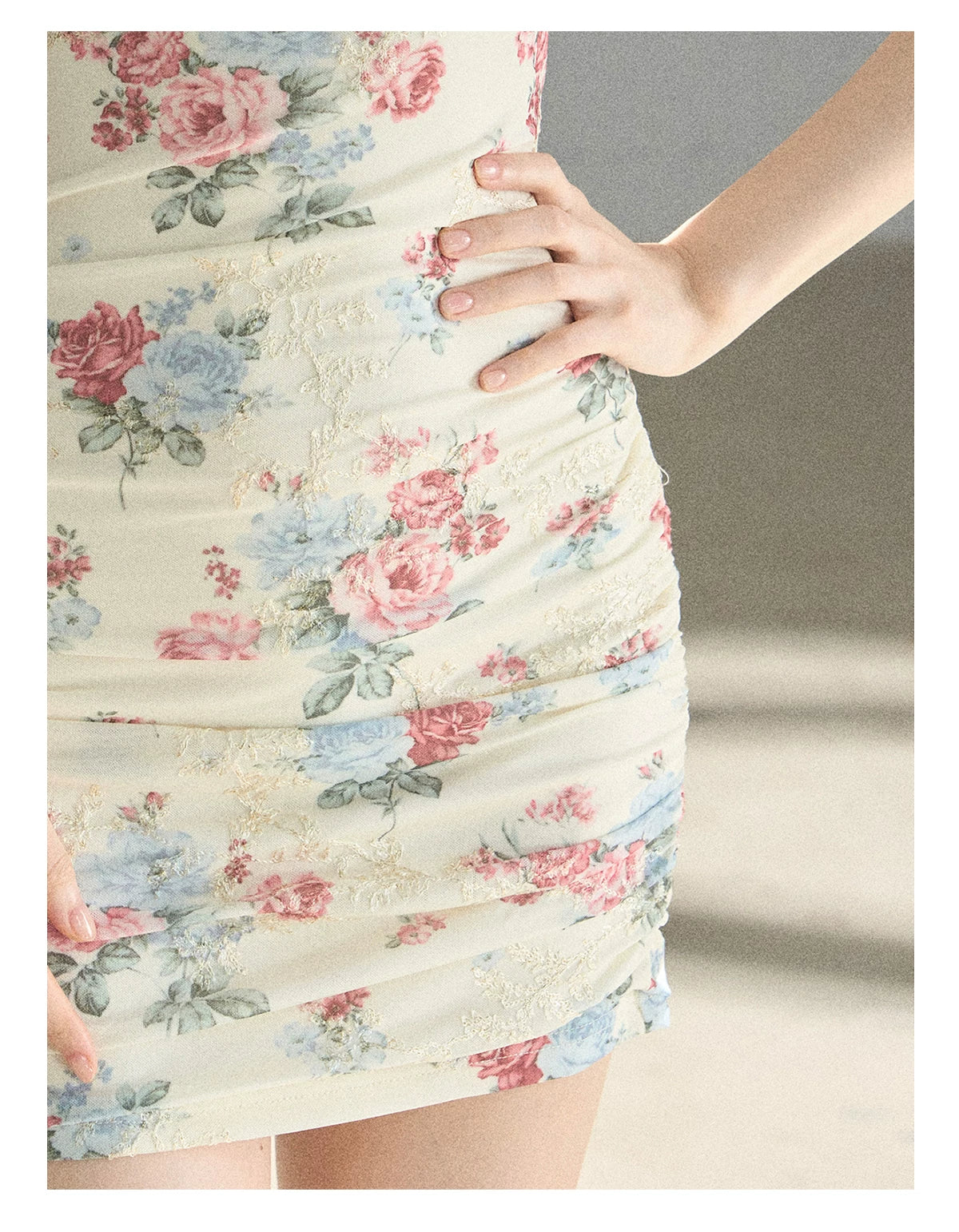 "Flowers & Sunlight" Dutch Cream Off-Shoulder Mesh Bodycon Mini Dress