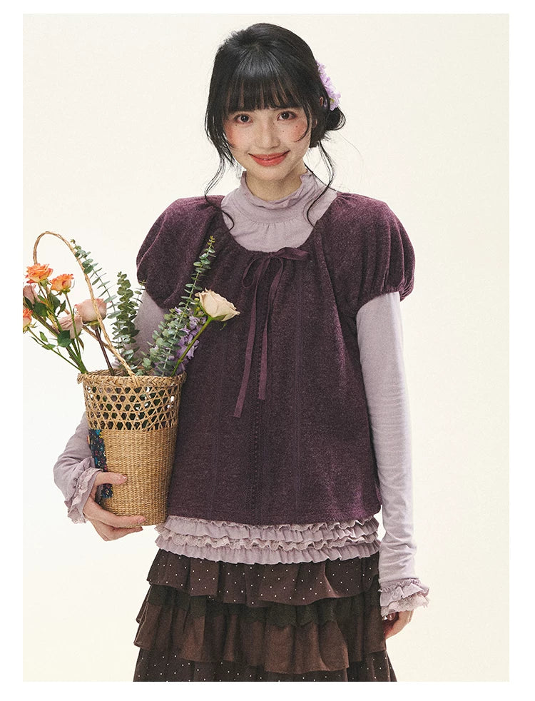 "Violet Journal" Grape Purple Bow Lace Short Sleeve Knit Top