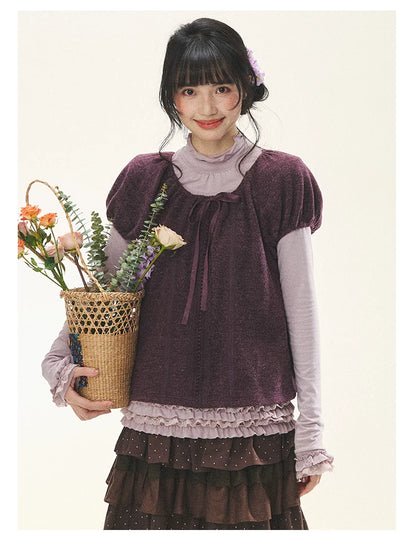 "Violet Journal" Grape Purple Bow Lace Short Sleeve Knit Top