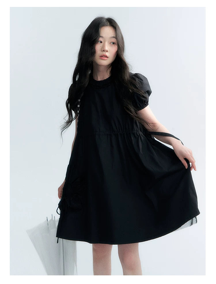 "Puff Doll Dress" Ruffle Trim Puff Sleeve Cotton A-Line Dress (White/ Black)