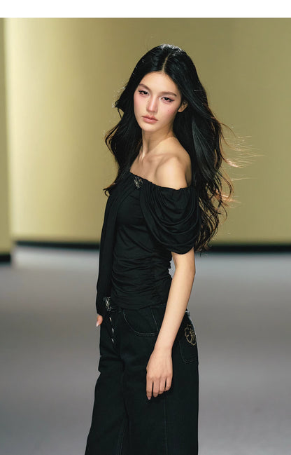 "Midnight Bloom" Black Lyocell Off-Shoulder Ruched Top