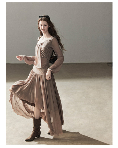 170726 "Waiting for Autumn Rain" Silver Mouse Gray Off-Shoulder Pleated Skirt Set
